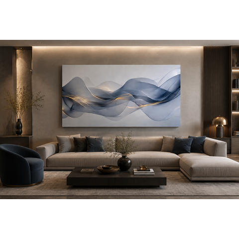 Quadro Decorativo Azul e Dourado Elegante em Canvas Sala Quarto Grande