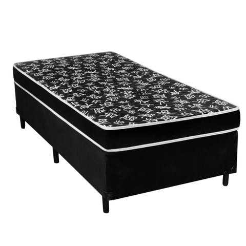 Cama Box Solteiro Suede Preto + Colchão Espuma D20 Preto Oriental Bueno Sono (52x88x188)