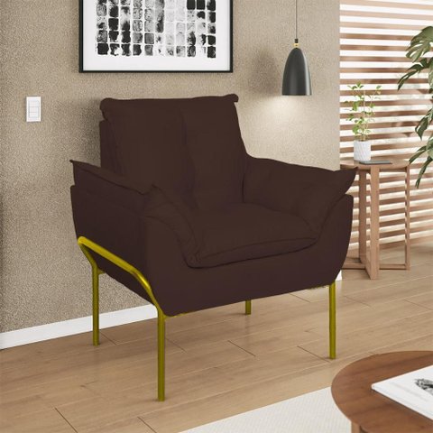 Poltrona Sofá Luxo Base Metal Dourada Recepção Escritório Cor:marrom