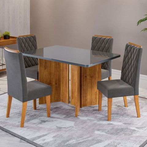 Mesa de Jantar 4 Lugares Linden com Vidro Mel/grafite/cinza - Viero Móveis