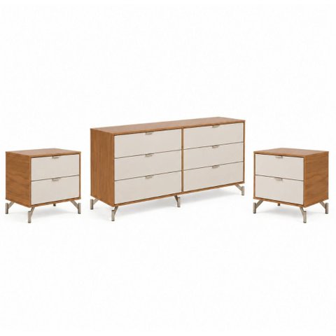 Conjunto Cômoda com 6 Gavetas e 2 Mesas de Cabeceira Glow - Canella com Off White Fosco