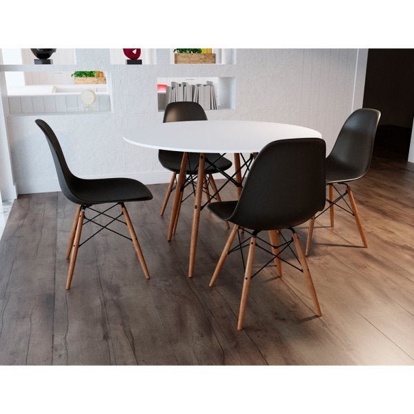 Conjunto Mesa 4 Cadeiras Pretas Eames Eiffel 90cm Base Madeira Tampo Branco - 1