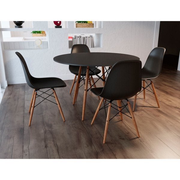 Conjunto de Mesa 4 Cadeiras Pretas Eames Dkr 110cm Base Madeira Tampo Preto