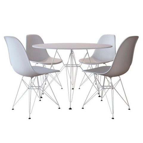 Conjunto Sala de Jantar Eames de Ferro Branco Tampo Redondo 110cm Branco 4 Cadeiras Brancas
