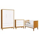 Ver imagem 1 de Dormitório Infantil Classic 3 Portas, Cômoda 3 Gavetas e Berço Branco/Savana com Pés Amadeirado
