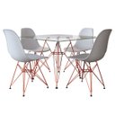 Ver imagem 1 de Conjunto Sala de Jantar Eames de Ferro Cobre e Tampo Quadrado Vidro - 90cm 4 Cadeiras Branca