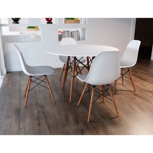 Conjunto Mesa 4 Cadeiras Brancas Eames Eiffel 90cm Base Madeira Tampo Branco