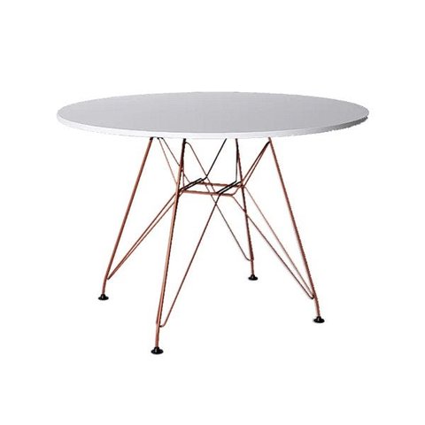 Mesa Eiffel Redonda 90cm Tampo de Madeira Branco com Base de Ferro Cobre