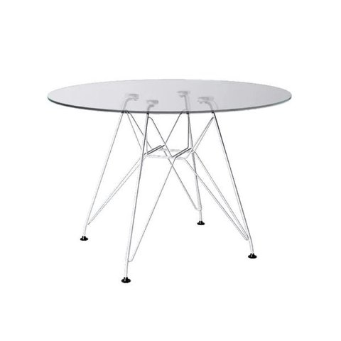 Mesa Eiffel Redonda 90cm Tampo de Vidro com Base de Ferro Branco