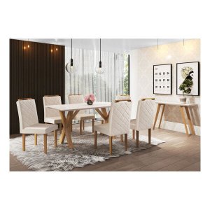 Conjunto Sala de Jantar Mesa Munique 6 Cadeiras em Linho Móveis Mundial