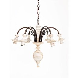 Lustre Luminária 6 Lâmpadas Invertido em Ferro e Madeira Torneada Rústico para Sala de Estar Branco - 1
