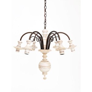 Lustre Luminária 6 Lâmpadas Invertido em Ferro e Madeira Torneada Rústico para Sala de Estar Branco