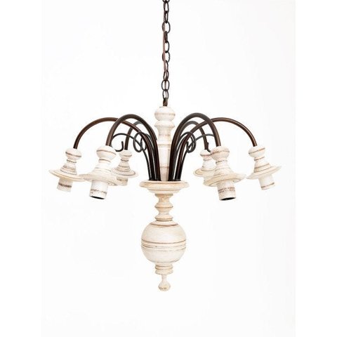 Lustre Luminária 6 Lâmpadas Invertido em Ferro e Madeira Torneada Rústico para Sala de Estar Branco