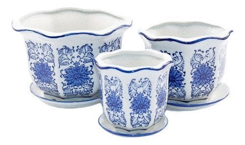 Kit 3 Vasos Cerâmica Conjunto com Pires Azul e Branco