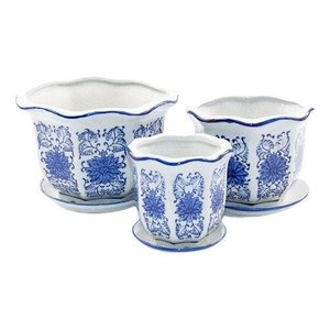 Kit 3 Vasos Cerâmica Conjunto com Pires Azul e Branco