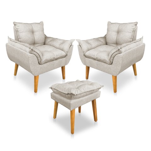 Kit 2 Poltronas Decorativa e Puff Opala Luxo Linho Bege Sky Mobile