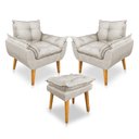 Ver imagem 1 de Kit 2 Poltronas Decorativa e Puff Opala Luxo Linho Bege Sky Mobile