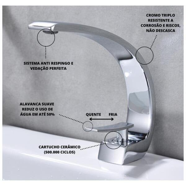 Torneira Monocomando Lavabo Banheiro Metal Cromado Luxo - 2