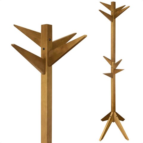 Mancebo Cabideiro Chão Rangifer em Madeira com Arara de Roupas e Bolsa