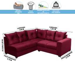 Sofá de Canto Califórnia 4 Lugares, com Molas Espirais, Espuma Densidade D28, 1,66x1,83 Metros, Verm - 5