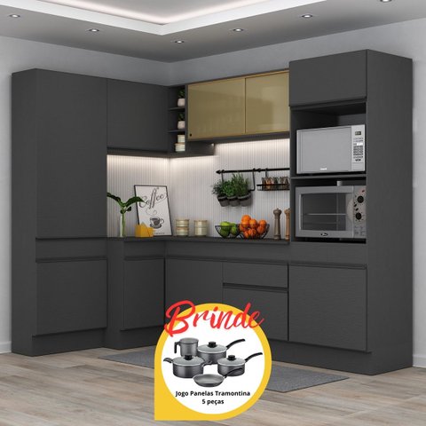 Armário Cozinha Completa Canto Veneza Mp2085 Multimóveis Preto + Brinde Jogo de Panelas Tramontina