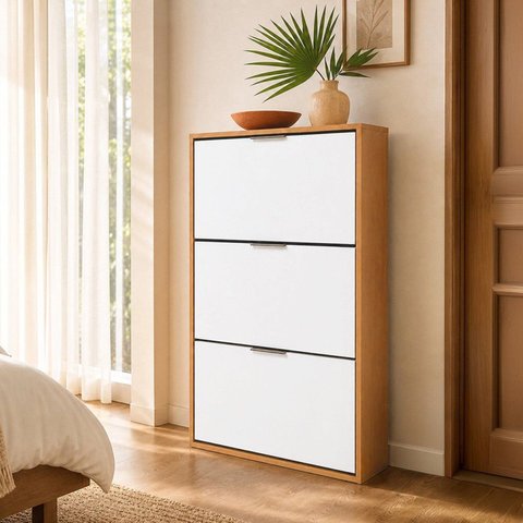 Sapateira Vertical 3 Portas Organizadoras Armário Multiuso Sala Quarto Hall Entrada Cinamomo/Branco