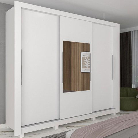 Guarda-Roupa Casal Verona 3 Portas 3 Gavetas com Espelho 100% MDF Branco - Gelius