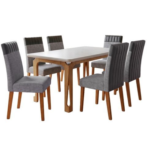 Conjunto Sala de Jantar Mesa 1,60m com Vidro Nadine 6 Cadeiras Montreal