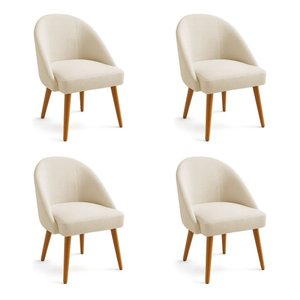 Kit 04 Cadeiras Poltrona de Jantar Estofada Luna Boucle Bege Pés Palito Castanho - Pallazio