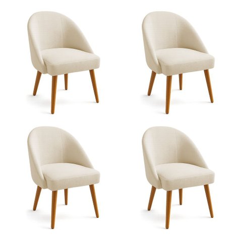 Kit 04 Cadeiras Poltrona de Jantar Estofada Luna Boucle Bege Pés Palito Castanho - Pallazio