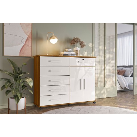 Cômoda Platina Lukaliam 5 Gavetas Sapateira Rodízios Gaveta com Chave 1,26m:freijo/off White