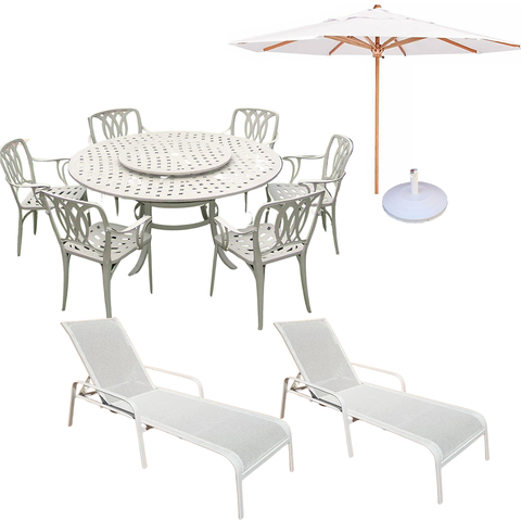 Kit Completo de Piscina Jardim e Área Externa Cadeiras Mesa Espreguiçadeiras Chaise Guarda Sol