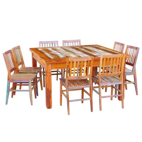 Conjunto Mesa de Jantar 1,5x1,5 M 8 Cadeiras Madri Madeira de Demolição com Pátina
