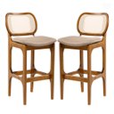 Ver imagem 1 de Kit 2 Banquetas para Cozinha Americana Decor Encosto Rattan Madeira Imbuia Linho Marrom L87 Rmi