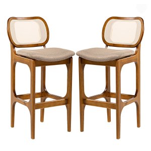 Kit 2 Banquetas para Cozinha Americana Decor Encosto Rattan Madeira Imbuia Linho Marrom L87 Rmi