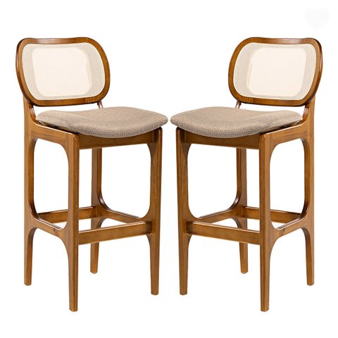 Kit 2 Banquetas para Cozinha Americana Decor Encosto Rattan Madeira Imbuia Linho Marrom L87 Rmi