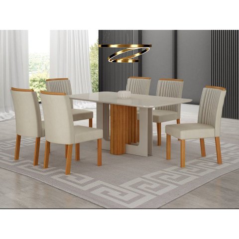 Conjunto Sala de Jantar Sofia 1,80m Tampo Vidro Off com 6 Cadeiras Jade Cinamomo/Off/Joli Palha