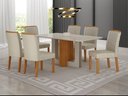 Ver imagem 1 de Conjunto Sala de Jantar Sofia 1,80m Tampo Vidro Off com 6 Cadeiras Jade Cinamomo/Off/Joli Palha