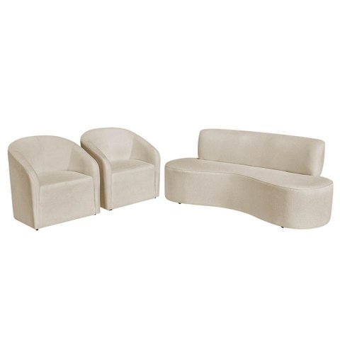 Kit Sofá Curvo Amsterdã 160cm e 2 Poltronas Luiza Max Bouclé Bege