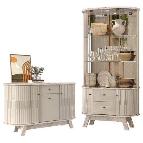 Aparador para Sala Buffet Monza e Cristaleira Moss Calacata Off White - Madetec