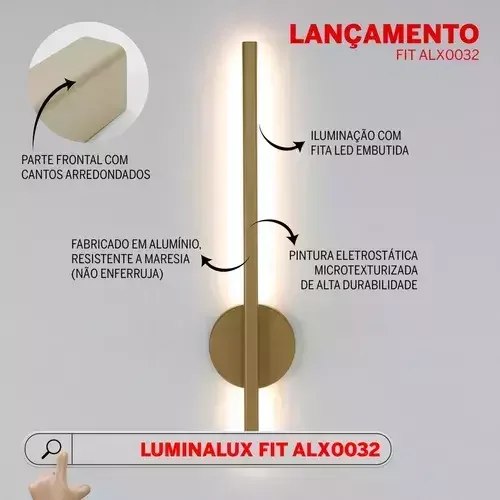 Arandela One Way Luz Indireta Dourada 20w 90cm Aluminio 3 Cores de Luz 3000k 4000k 6000k - 5