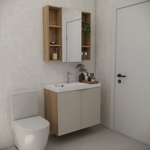 Conjunto de Banheiro com Cuba 80cm Vittare Marrom/Carvalho/Nude