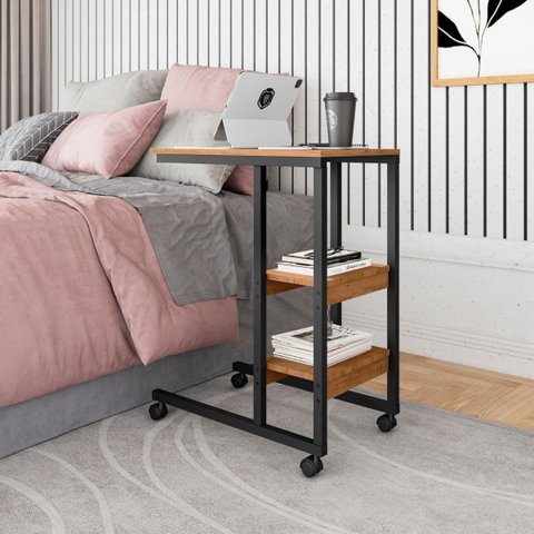 Mesa Auxiliar Fit com Rodízios e Duas Prateleiras Multiuso