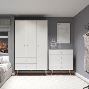 Kit Completo para Quarto Guarda-roupa e Cômoda Retrô Mdp Branco Menu