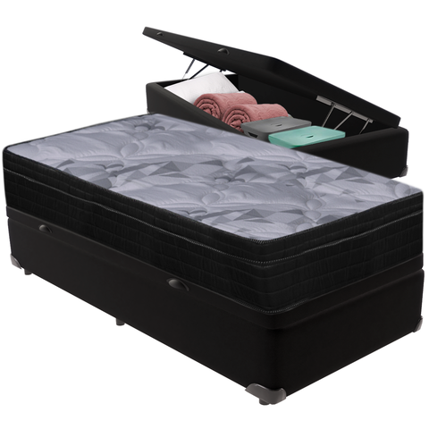 Cama Box Baú e Colchão Airtech Pampa Molas Ensacadas Solteiro Ortobom: Preto
