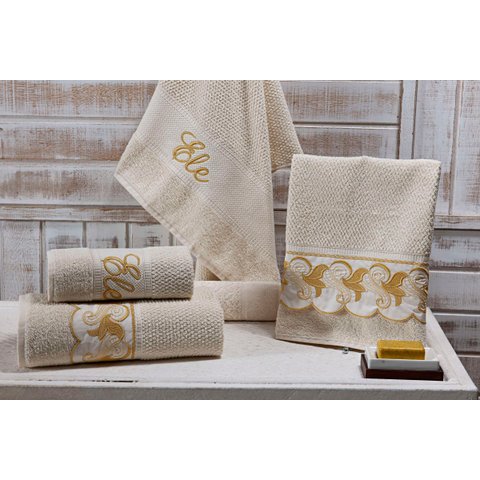 Jogo de Banho Noblesse Luxo Bordado 5 Pecas Palha com Bordado Mostarda^