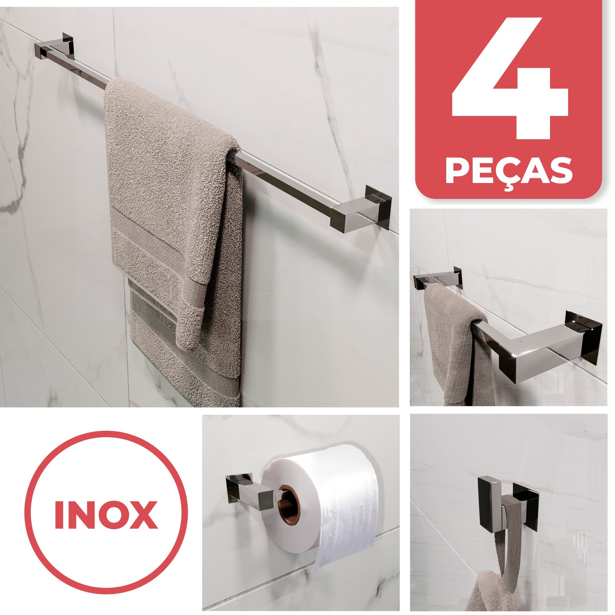 Kit Acessórios Inox Banheiro Vinci, Aço Inox 304 [4 Peças] | MadeiraMadeira