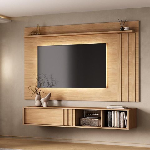 Conjunto Rack e Painel de TV Cedro Linea 160cm MDP com Porta Correr Marrom Móveis Carraro