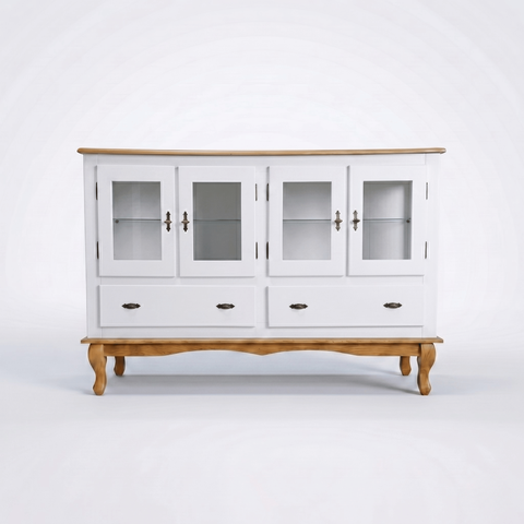 Balcão Buffet Aparador 4 Portas 2 Gavetas Prateleiras Vidro Clássico Ecomem Branco - Imbuia