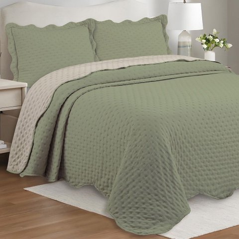Kit Cobre Leito Bold Bicolour Queen Micropercal 300 Fios Colcha Dupla Face 3 Peças Verde